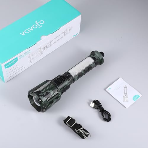 VAVOFO Rechargeable Flashlight 10000LM, LED Tactical Flashlight with USB-C Charging, 6 Modes, Adjustable Zoom, Window Breaker, Power Display for Camping Hiking Emergency