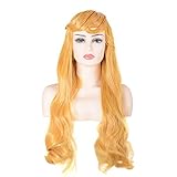DJF Women Blonde Princess Aurora Wig Big Girls Long Curly Hairs Halloween Cosplay Costume Accessories (Gold Yellow)