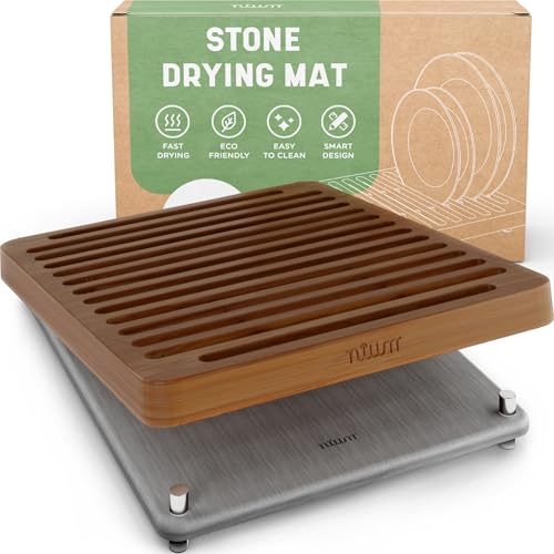 NIUM Tapete Diatomita de Secado Rápido, Seca Platos Escurridor 40 x 30 cm - para Encimera de Cocina, con Estante de Bambú - Tapete Ultra Absorbente, Rápido y Antihumedad - Secaplatos Ecológico