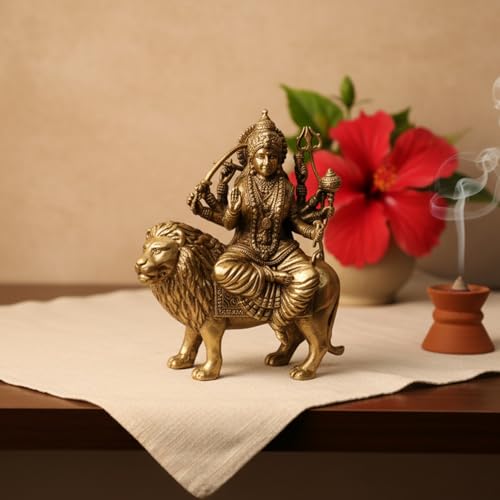 Image of eCraftIndia Golden Brass Goddess Durga Maa Idol Sitting On Lion Statue | Durga MATA Murti for Pooja Mandir Home Temple