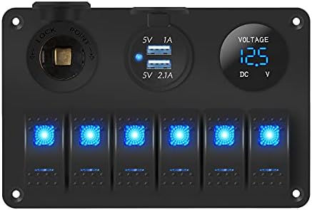 DaierTek 6 Gang Marine Rocker Switch Panel Waterproof 12 Volt, Boat Toggle Switch Panel 12V Blue LED Lighted for Boat Car RV UTV with USB Cigarette Lighter Socket Voltmeter