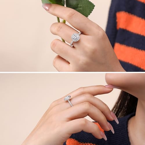 Hitlinker Moissanite Bezel Set Engagement Ring for Women Halo Half Eternity Round Cut Promise Rings 925 Sterling Silver 18K White Gold Plated Lab Created Diamond Anniversary Wedding Band Ring Size 7 - image 3