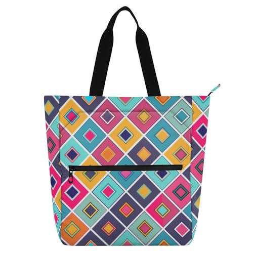 Cute Book Tote Bag for Kids Boys Girls, Geometric Colorful Plaids Lightweight Children Activity Bag Art Tote Bag with Zipper for School and Playtime Rainbow