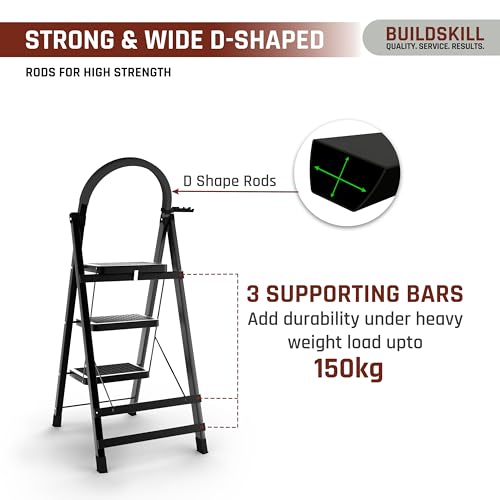 Image of BUILDSKILL Black 3 Step Ladder for Home Use with Built-in Tool Tray | Heavy Duty D Shape Rods | 20 x 30 cm Large Step with Rubber Pad | Secure Lock | 150Kg Capacity Foldable Ladder - 5 Years Warranty