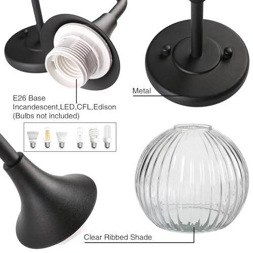 Image of PERMO Vintage Vanity Light Antique 2 Lights Sconce with Clear Ribbed Globe Glass Shade Matte Black Double Sconces for Bathroom Mirror Living Room