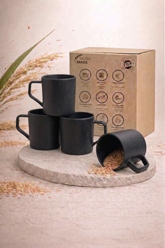Image of Coffee Mug Set Made with Rice Husk & Bio Composite Material | TurtleBrew Coffee Mug Travel | Microwave & Dishwasher Safe | Midnight Black | 200 ml | Pack of 4
