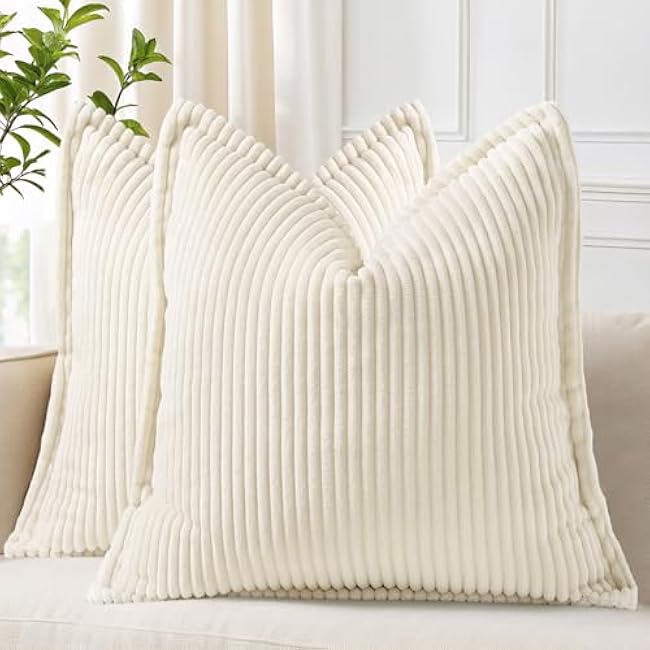 decorUhome Corduroy Cream White Throw Pillow Covers 18x18 Set of 2 Decorative Soft Boho Striped Neutral Euro Farmhouse Couch Pillow Covers with Broadside for Living Room Bed Sofa