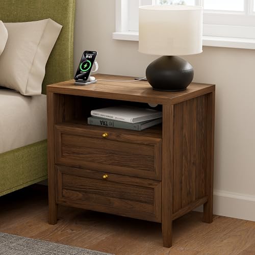 Image of EYYTHUNG Wooden Nightstand with Charging Station Modern End Table with 2 Drawers Farmhouse Night Stand Bedside Side Table with Storage Open Shelf for Sofa, Bedroom, Brown