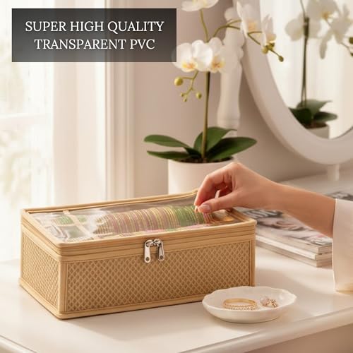 Image of 2 Rod Bangle Storage Box for Women | Hardboard Removable Chudi Organizer with Transparent Top | Jewellery & Watch Holder Case for Home & Travel - Beige (Pack of 1)