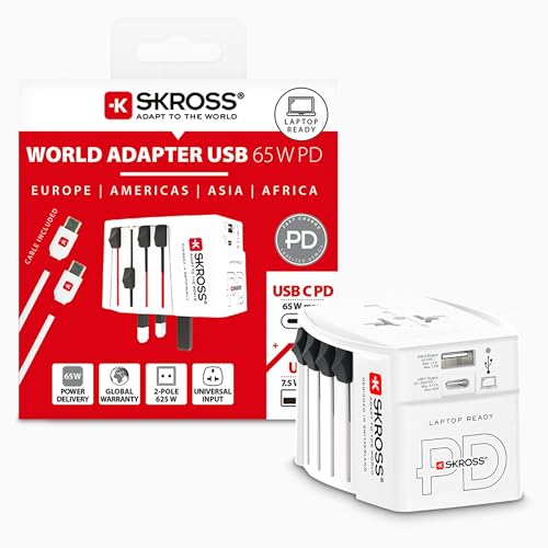 SKROSS  MUV USB AC65PD con Cable USB C (160 cm)   Adaptador de Viaje Universal de 2 Pines + 1 x USB C y 1 x USB 65 W   Voltaje y Potencia: 100 V   250 W/250 V   625 W para portátiles, tabletas y