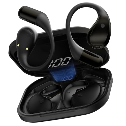 Open Ear Kopfhörer Bluetooth 6.0 mit HD Mic, 2025 Kopfhörer Kabellos Bluetooth HiFi Stereo mit Ohrhaken, 40H Spielzeit, Bluetooth Kopfhörer mit LED-Anzeige, IP7 Wasserdicht Ohrhörer, Tiefschwarz