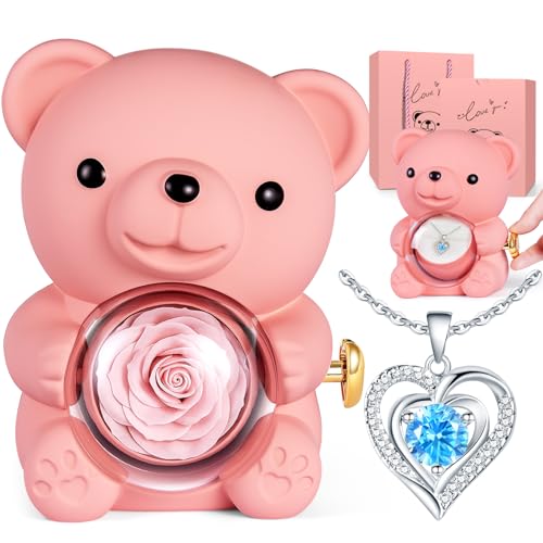 Aloskart Ewige Rosen Bär Geschenk für Frauen, Ewige Rose mit Halskette, Geschenk für Sie Valentinstag, Muttertagsgeschene für Mama, Rose Ewig Geschenke für Muttertag Geburtstag, Teddybär Rosenbox