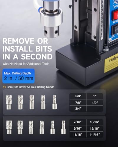 Image of ZELCAN Magnetic Drill Press with 11 Drill Bits, 1550W Mag Drill Press with 2 inch Dia. 3125 lbf /13900N Mag Force, 650 rpm Power Magnetic Drill with Stepless Speed & Reversible Direction for Metal Surface
