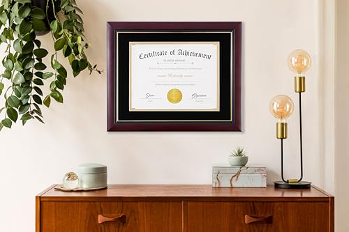 Image of ELSKER&HOME Diploma Frame - Wide Solid Wood Frame - Black Velvet Golden Rim Mat - Semi-Tempered Glass - Includes Hanging Hardware and Desktop Easel(ONLY Display 11x14 Document /Certificate) | Document Frames 11x14 with Mat or Certificate 15x18 without Mat Wide Molding Semi-Tempered Glass (Black with Golden Rim)