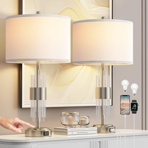 QiMH Table Lamp for Living Room,Bedside Lamp for Bedrooms Set of 2 with USB A+C Ports,3-Way Dimmable Touch Control,Modern Nightstand Lamp White Lampshade Home Decor, LED Bulb Included, Brushed Silver