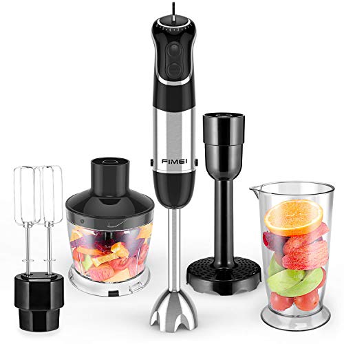 Mixeur Plongeant 800W, FIMEI 5 en 1 Mélangeur à Main, Mixeur Multifonction avec Vitesse Réglable en Acier Inoxydable, avec Presse-Purée, Verre à Mesurer 700 ml, Hachoir 500 ml et Fouet, Noir