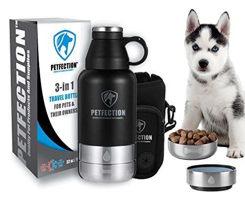 PETFECTION 3 in 1 Portable Dog Travel Water Bottle with Two Detachable Water & Food Bowls, 32oz Stainless Steel Insulated Travel Water Bottle Dispenser for Dogs with Carrying Sleeve