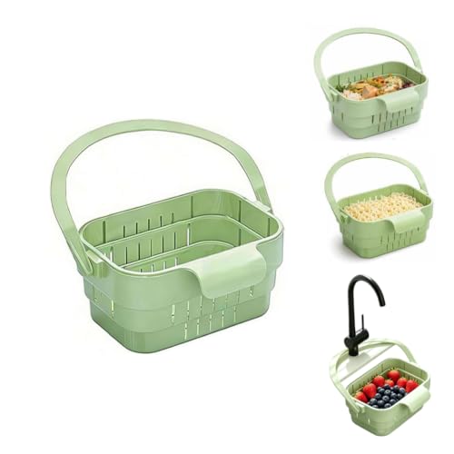 Foldable Hanging Sink Drain Basket Stretchable Kitchen Colander with Flip Cover Space Saving Food Strainer Multi-functional Faucet Storage Rack Draining for Fruits Vegetables Utensils