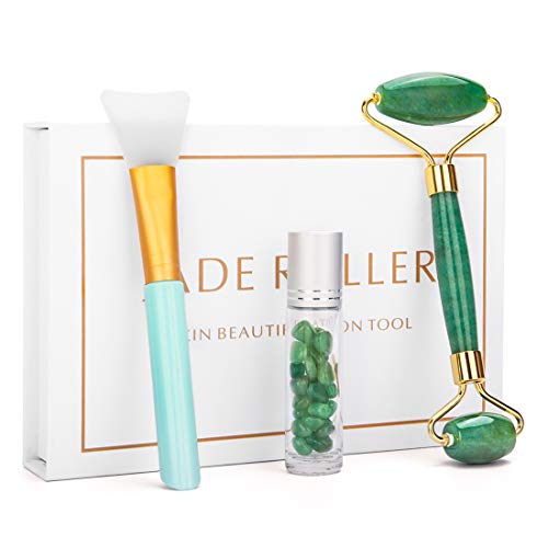 3-IN-1 Facial Roller Kit, Natural Aventurine Jade Roller Massager for Face, Neck, Body, Anti Aging Massage Reduce Wrinkles Relaxing with Jade Roller Oil Bottle and Mask Brush