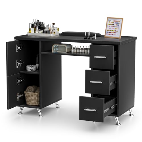 Charmmade Black Nail Desk for Nail Tech with Drawers, Acetone Resistant Manicure Table Nail Tech Desk Storage Cabinet, Open Drawer, Wrist Pad, Metal Legs, for Beauty, Salon, Spa Makeup