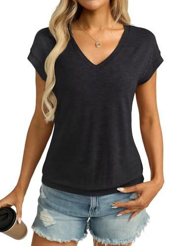 Womens V Neck Cap Sleeve T Shirts Banded Bottom Top Loose Fit Short Sleeves Tee Casual Summer Basic Tops 20254