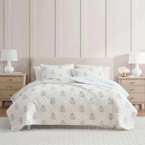 Image of Martha Stewart - King Quilt Set, 100% Cotton Reversible Bedding Set, Incredibly Soft Feel for Year Round Comfort, 3 Piece Bed Set with Matching Pillowcases (Flower Block Print Blue)