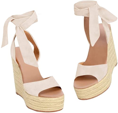 Image of SERAIH Womens Lace up Espadrilles Platform Wedges Sandals Heels Tie Ankle Strap Summer Dress Shoes