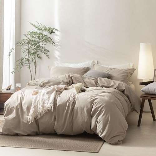 BDEAR 3 Pieces Linen Grey Duvet Cover Super King Plus Size 120 L x 120 W 100% Washed Cotton Duver Cover with Zipper Closure Plus 2 Pillowcases Oeko TEX Standard Certificated Cozy Feel