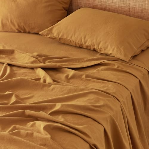 Bedsure Linen Sheets - Queen Size Bed, Blend from Linen Cotton Bedsheets, Breathable Cotton Bedsheets, Gifts for All Seasons, 4 Pieces, Pumpkin Yellow