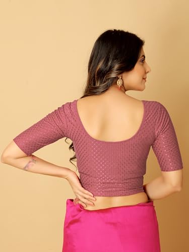Image of Amazon Brand - Anarva Round Neck Dobby Cotton Lycra Stretchable Elbow Half Sleeve Readymade Saree Blouse for Women Stylish