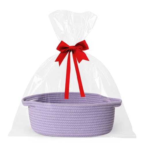 Image of Small Baskets for Gifts Empty, 13 inchx 9 inchx 5 inch Woven Gift Basket with Bag and Ribbon, Cotton Rope Kids Dog Cat Toy Bin Box, Cute Baby Nursery Organizer, Decorative Storage with Handles,Purple