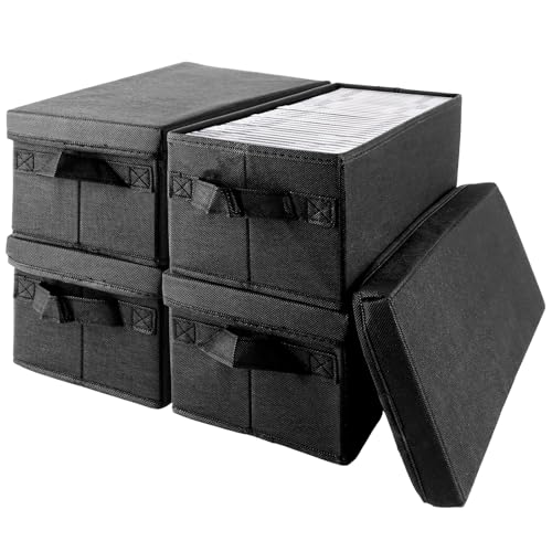 Oungy 4 Stück CD Aufbewahrungsbox, CD Boxen Aufbewahrung für 36 CDs, DVD Aufbewahrungsbox, Waschbare CD Box, CD Aufbewahrungssystem mit Griff, Aufbewahrungsbox mit Deckel Stoff, Schwarz