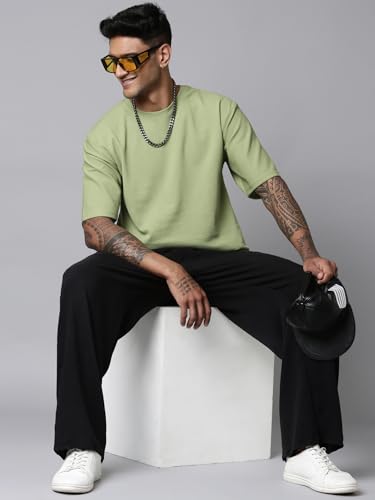 Image of Men's Stylish Round Neck Textured 3 /4th Sleeve Oversized T-Shirt (Pista Green)