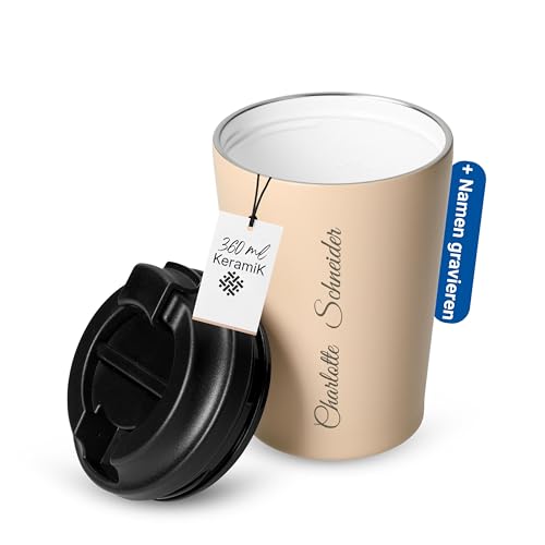 Personalisierter Kaffeebecher to go 360ml - Edelstahl außen Keramik...