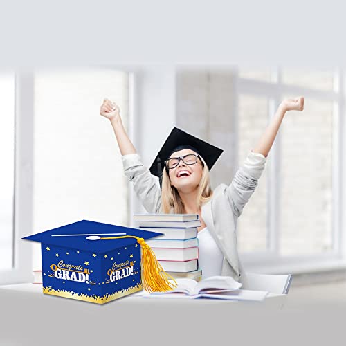 Image of 2026 Graduation Party Card Box, Blue Gold Congrats Cap Card Holder Box with Tassel for 2026 Graduation Party Decoration