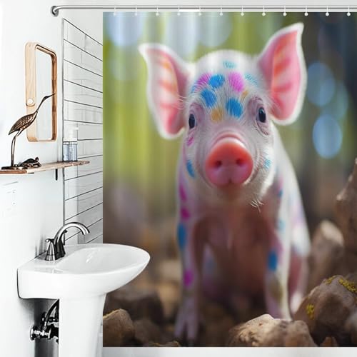 Rideau de douche cochon 140x183 cm en polyester imperméable lavable avec 12 crochets