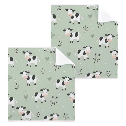 ALAZA Wash Cloth Set 100% Cotton Fingertip Towels Face Cloths Sets Cute Farm Cows Highly Absorbent Soft Feel Set of 2
