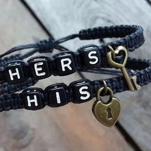 Image of AKOAK 2 Pcs HIS HERS Couple Braided Bracelet Padlock Key Pendant Hand Braided Lanyard Valentine's Day Gift Jewelry