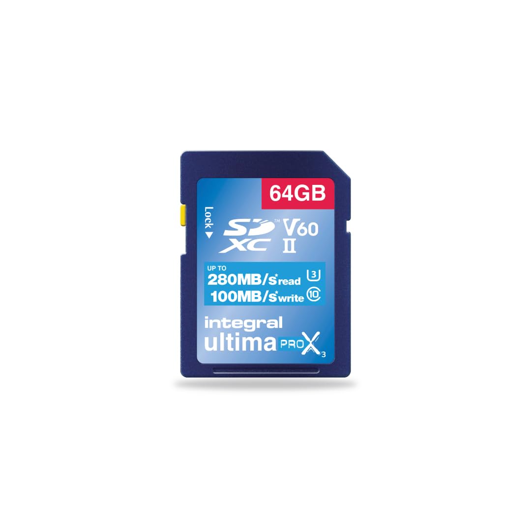 Integral Scheda di memoria SDXC professionale ad alta velocità da 64 GB UHS-II V60 fino a 280 MB in lettura e 100 MB di velocità di scrittura, 1733X SDXC