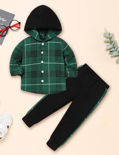Image of Fuermos Toddler Baby Boys Clothes Flannel Lattice Button Down Hooded Tops +Pants Boys Fall Winter Outfits