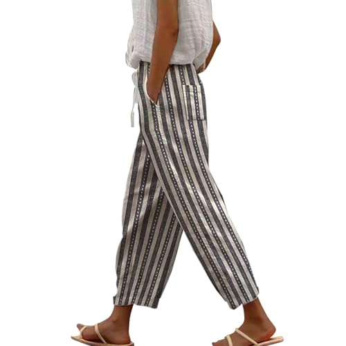 Pantalon en lin respirant à taille élastique coupe ample femme