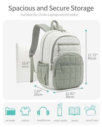 Image of Bookbag for Women, Teen Girls Backpack for High School College Student, Puffer Quilted Back Pack Cute Laptop Backpack for Work Travel Mom Casual Daypack, Beige Green