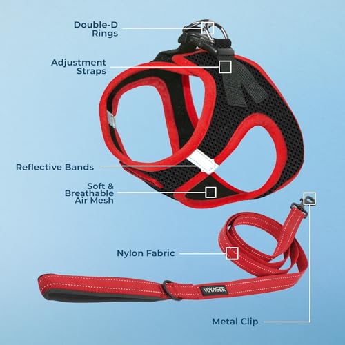 Image of Voyager Step-in Air All Weather Mesh Harness and Reflective Dog 5 ft Leash Combo with Neoprene Handle, for Small, Medium and Large Breed Puppies by Best Pet Supplies - Red Trim, XS