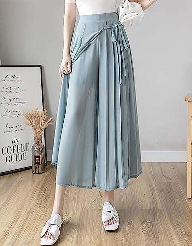 ebossy Women's Elastic High Waist Pleated Front Knot Layered Mesh Chiffon Wide Leg Pant Culottes2