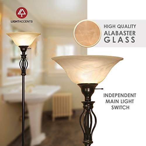 Floor Lamp for Living Room Decor by Light Accents - Tall Floor Lamp Bed Room Decor - Traditional Iron Scrollwork Standing Lamp Pole Light with Alabaster Glass Bowl Shade – 70" Tall- (Bronze)