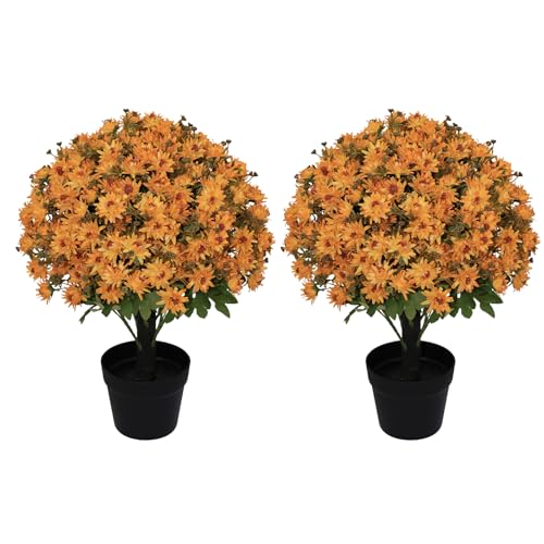 24 Artificial Flowers for Outdoors, UV Resistant Faux Yellow Potted Mums