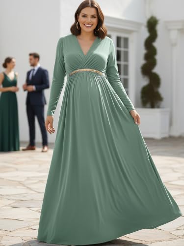 Image of KOH KOH Womens Maternity Long Sleeve V-Neck Flowy Winter Maxi Dress Gown