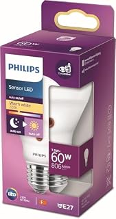 PHILIPS LED E27 Lampe mit Tageslichtsensor, 1er-Pack, 60 W, Tropfenform, matt, warmweiß