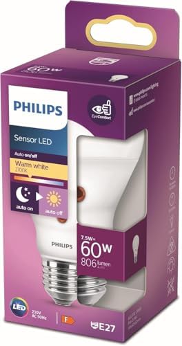 PHILIPS LED E27 Lampe mit Tageslichtsensor, 1er-Pack, 60 W, Tropfenform, matt, warmweiß