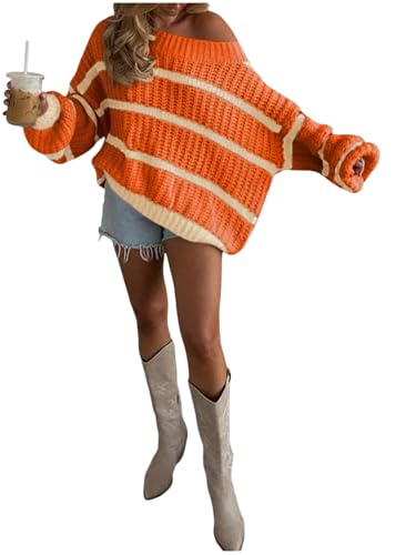 Verdusa Womens Off The Shoulder Sweater Striped Color Block Chunky Oversized Cozy Sweaters Winter Clothing Orange Medium